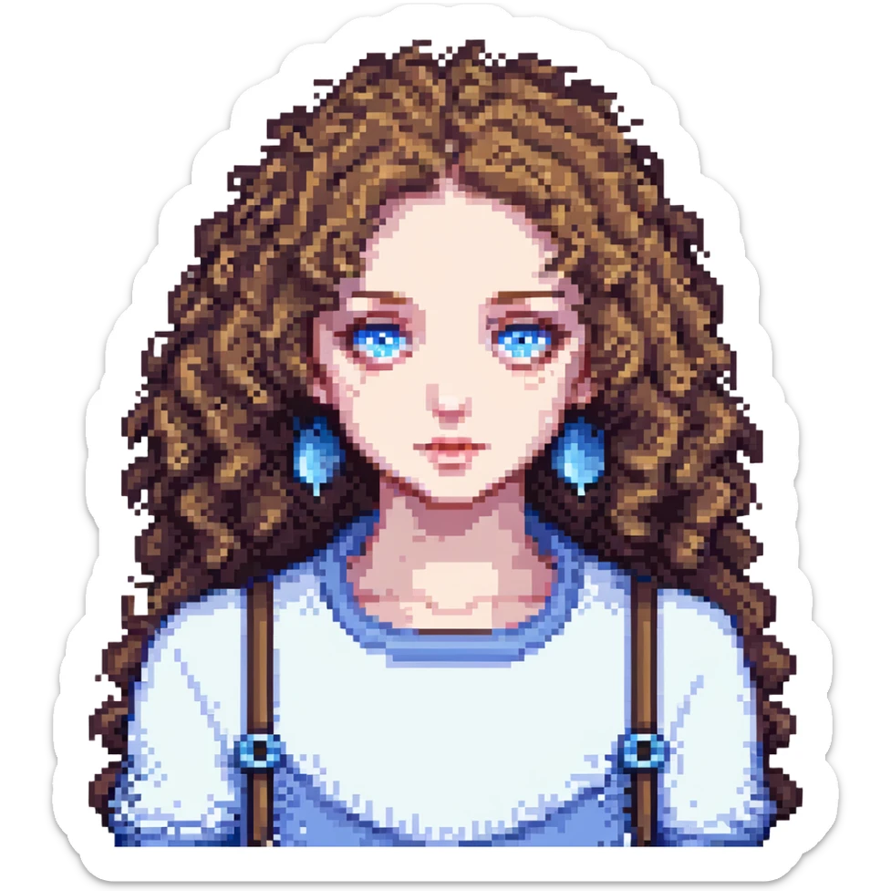 a girl with curly hair, pale skin, and blue eyes, pixel art style sticker