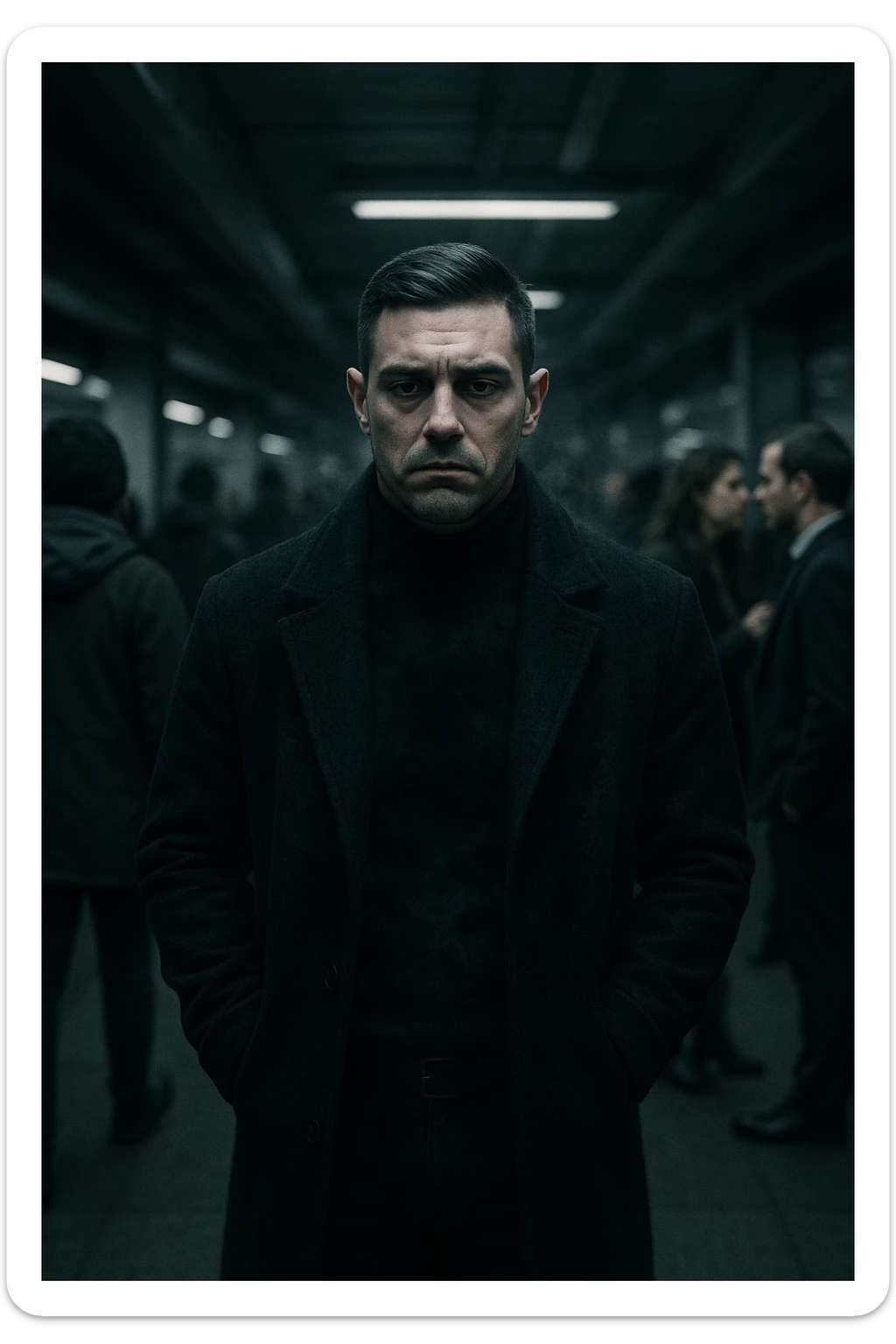 A cinematic shot of a man in his early 30s standing still in the middle of a crowded urban environment — perhaps a subway platform or office hallway — surrounded by blurred, cold-looking people facing away from him or speaking among themselves, ignoring him completely. The man has a heavy, emotionally drained expression, shoulders slightly slouched, hands in his coat pockets. He stands out in sharp focus while the others are dimly lit, grey-toned, and in motion blur. The lighting is harsh and cool, with strong shadows and low saturation to emphasize emotional isolation. A subtle dark aura or mist lingers around the man’s body, visually conveying the weight of negativity and emotional pressure. Shot in 35mm cinematic style, high realism, with a desaturated color palette and shallow depth of field sticker