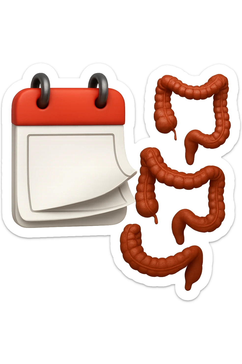 emoji stile iphone di un calendario con fogli che volano insieme a pezzi anatomici di colon umano, iperrealistico 4k, isolato su sfondo bianco sticker