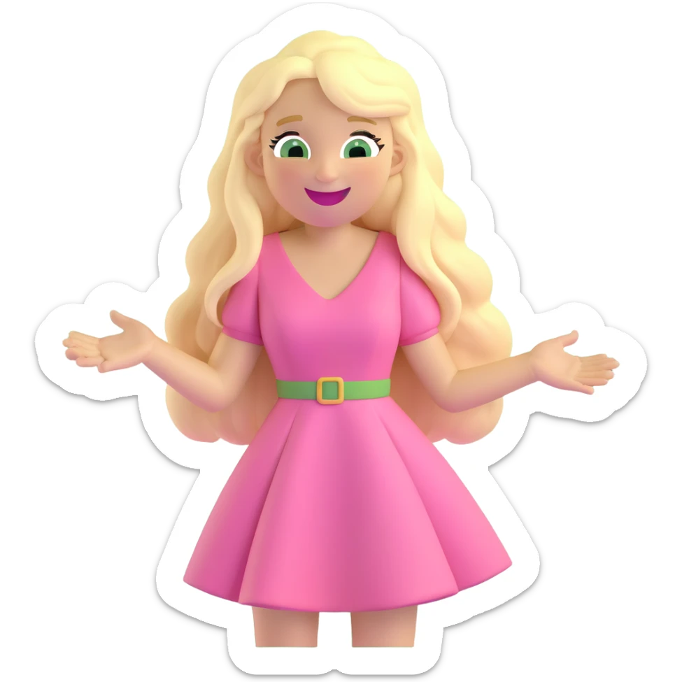 blonde with long hair and swamp eyes in a pink pastel dress, laughing, 3D iOS realistic emoji style sticker