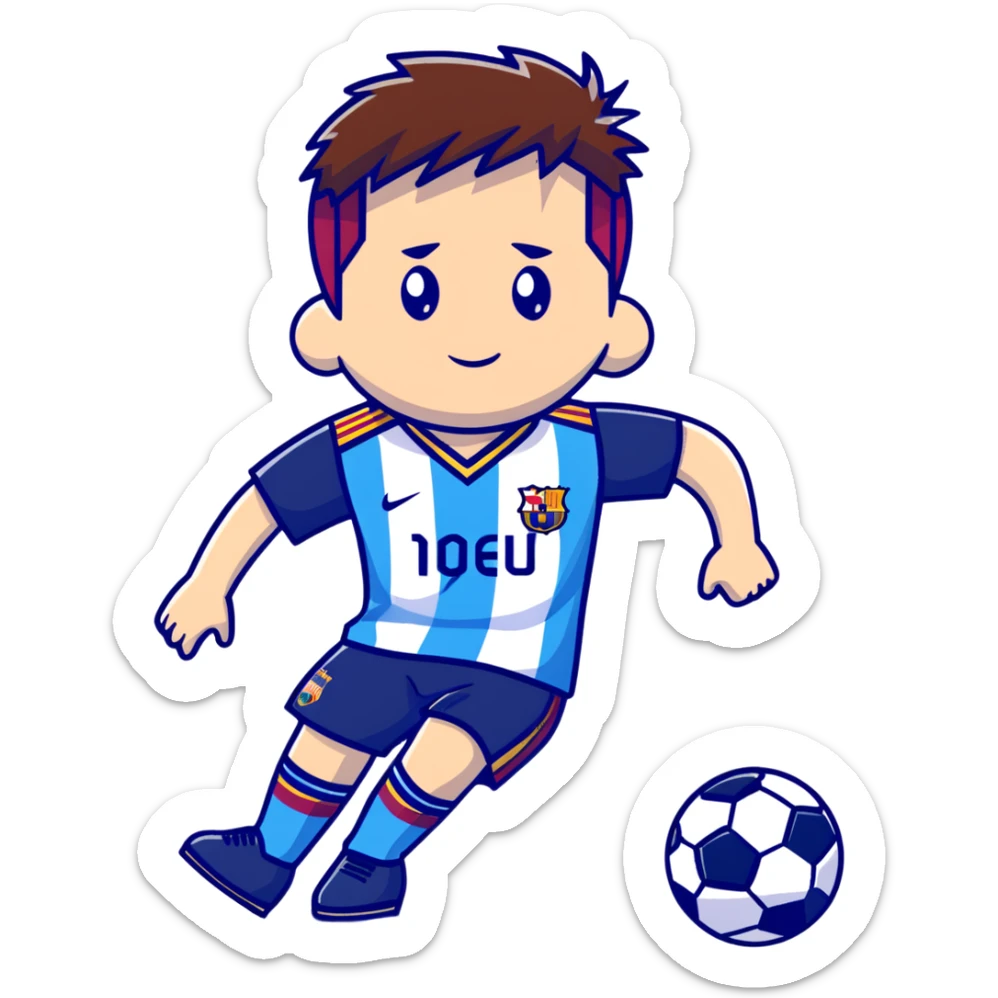 lionel messi dribbling a soccer ball wearing a blue and white jersey sticker