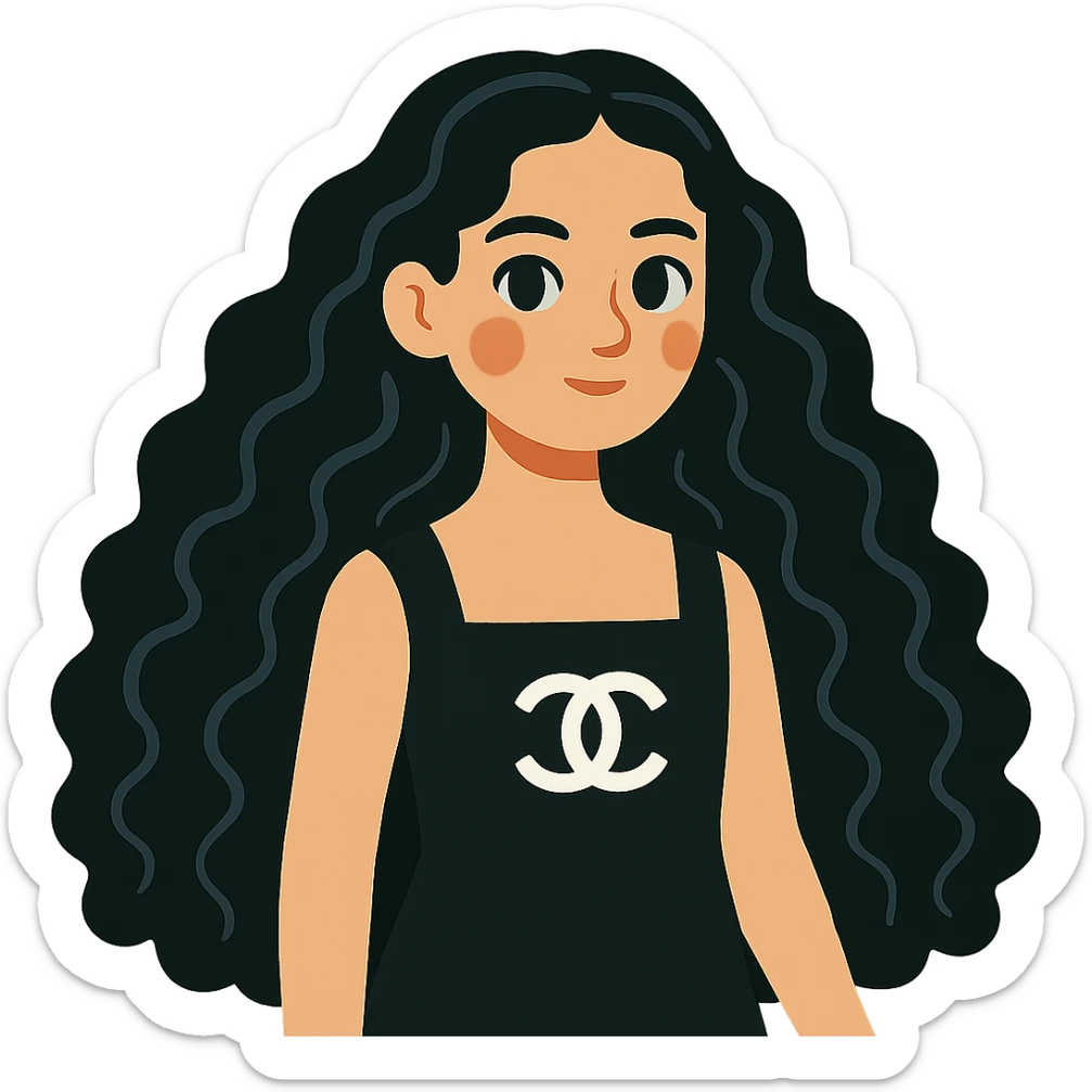 light skin girl with very long black curly hair, brown eyes, black Chanel dress sticker