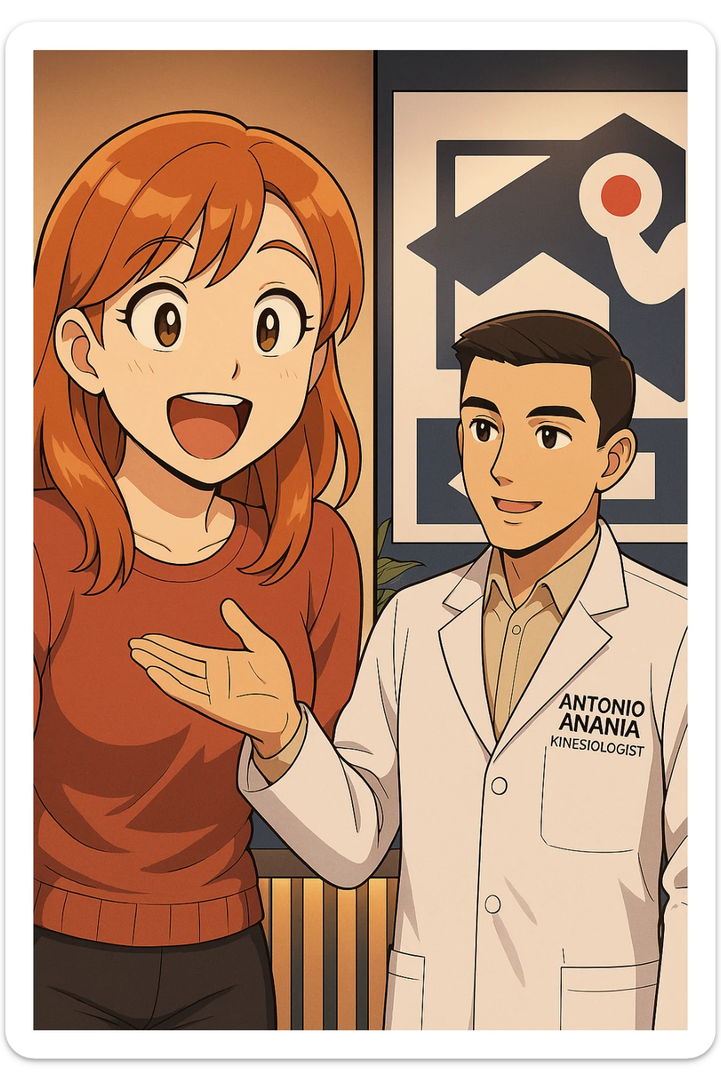 su questo stile fai un manga/webtoon a colori in cui C'è UNA STRISCIA CON FOCUS SUL VOLTO DELLA donna CON ESPRESSIONE DI STUPORE CHE ESCLAMA UNA COSA FELICE, MENTRE NELLA STRISCIA A DESTRA SI VEDE, l'uomo della foto in stile manga LE SPIEGA CHE DEVE PROVARE LA SUA VALUTAZIONE MEDICA, mantieni un ambiente simile alla foto che ho allegato con il suo logo (sarebbe il suo studio, lui è un kinesiologo), scrivigli "ANTONIO ANANIA" sul camice bianco, non mettere fumetti, ma fai in modo che sembri che la donna CHIEDA E  l'uomo RISPONDA sticker