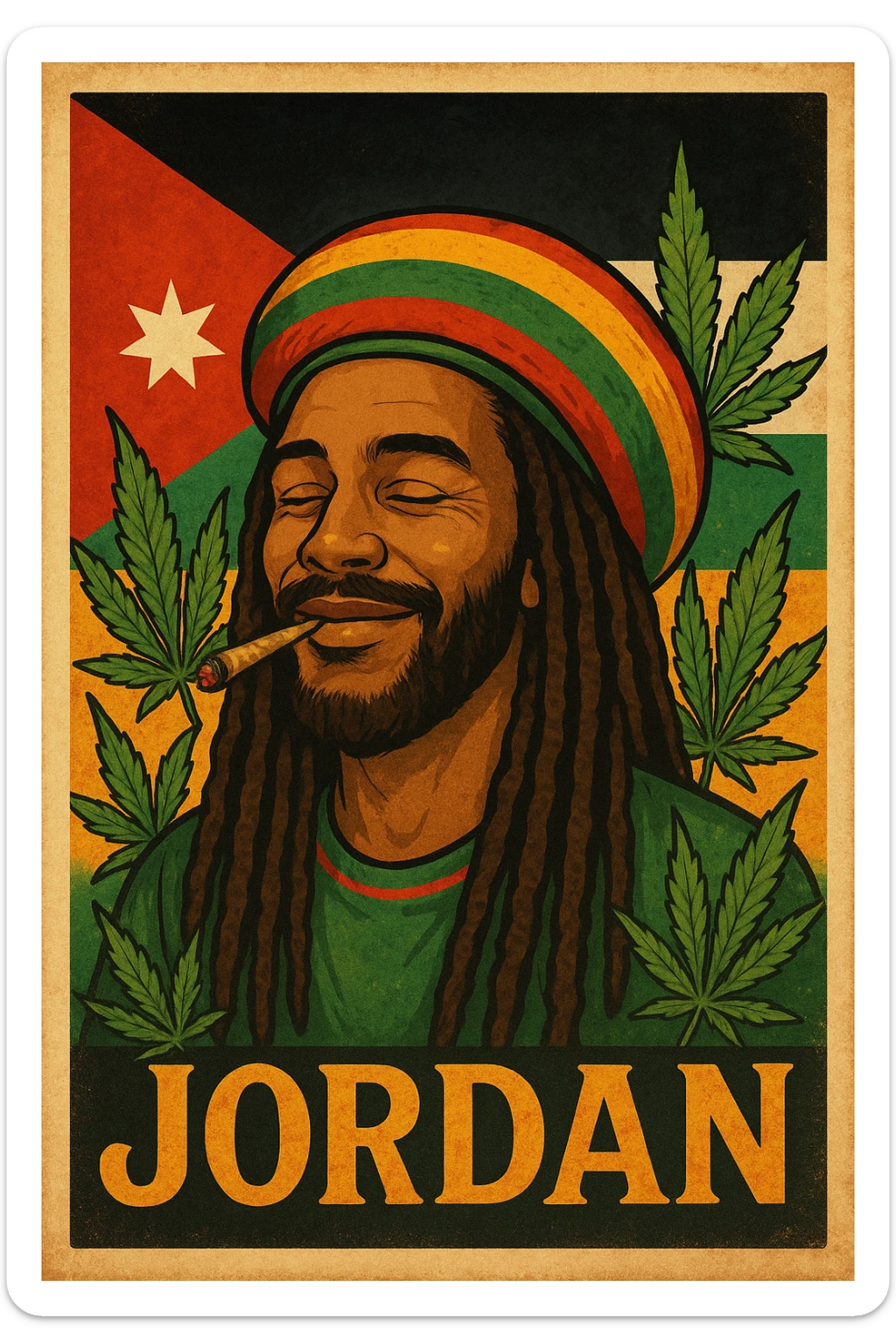 A digital vintage-style poster illustration of a Jordanian Rasta man with dreadlocks, wearing a red, yellow, green striped tam hat. He is smiling peacefully with a lit herbal spliff in his mouth. The background features the official Jordan flag — black, white, green horizontal stripes with a red triangle and a white 7-point star — accurately displayed behind him. Cannabis leaves are tastefully arranged around the composition, and the poster includes Rasta color textures blended with the Jordanian palette. Use a retro poster style with warm, slightly aged textures, bold outlines, and soft shading to evoke a soulful reggae vibe that honors both Jordanian pride and Rasta spirit. The mood is chill, powerful, and respectful sticker