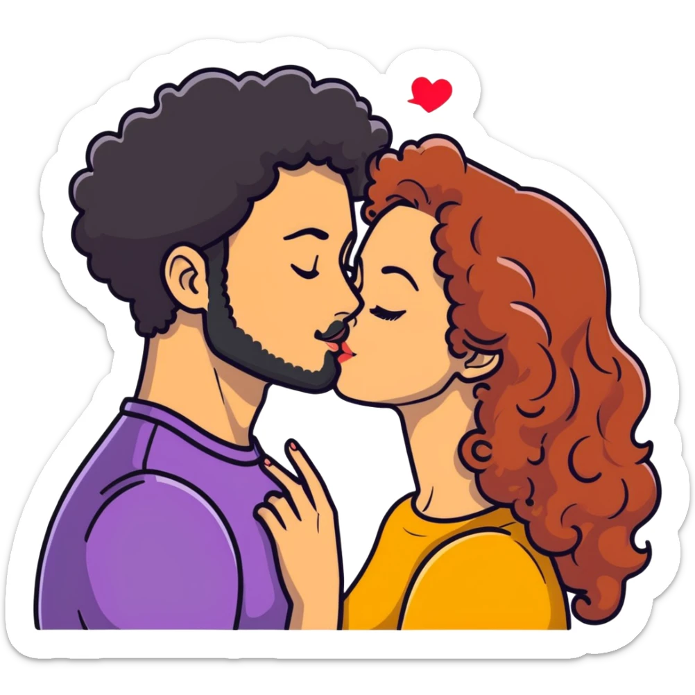 Curly haired girl kissing straight hair man with beard, romantic couple sticker