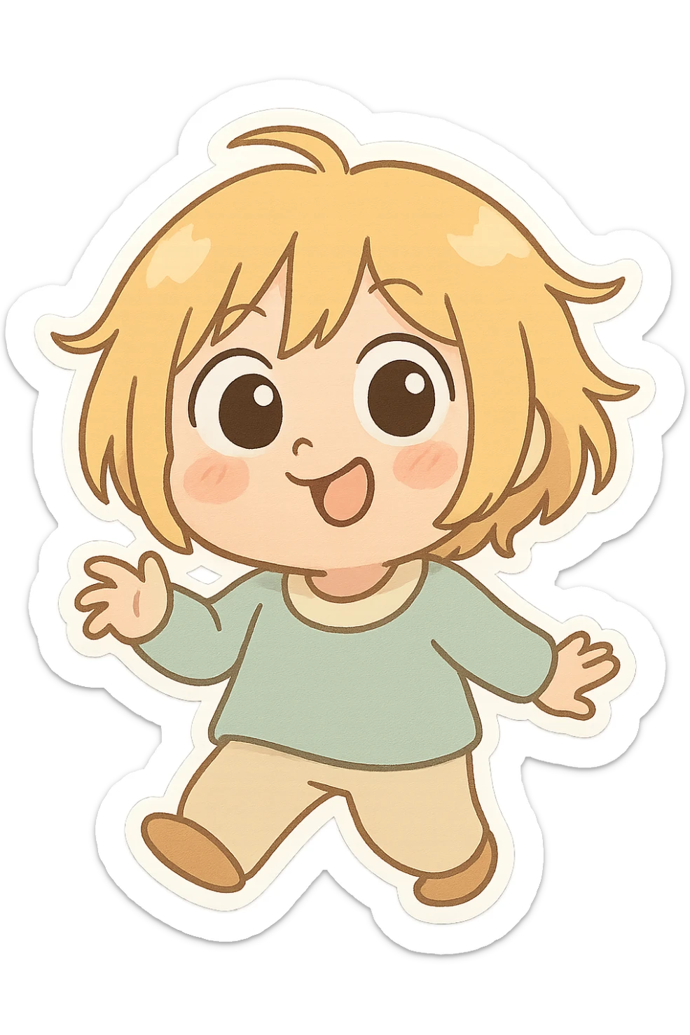 Tun Tun Suhoor, viral Italian brainrot meme character, chibi emoji style, cute round face, playful expression, blonde messy bob, big eyes, small mouth, slight blush on cheeks, simple pastel outfit, funny and silly meme vibe, no text sticker