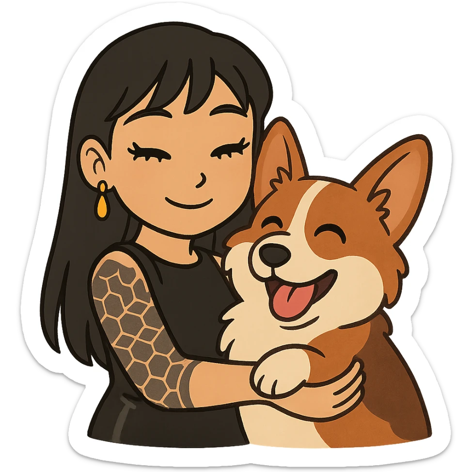 Ghibli-style emoji of an Asian girl with long straight hair, side-swept bangs, black leather dress, gold drop earrings, bold false lashes, and a geometric 3/4 sleeve tattoo on her left arm, hugging a joyful red head tri-color corgi, simplified, emoji-like sticker