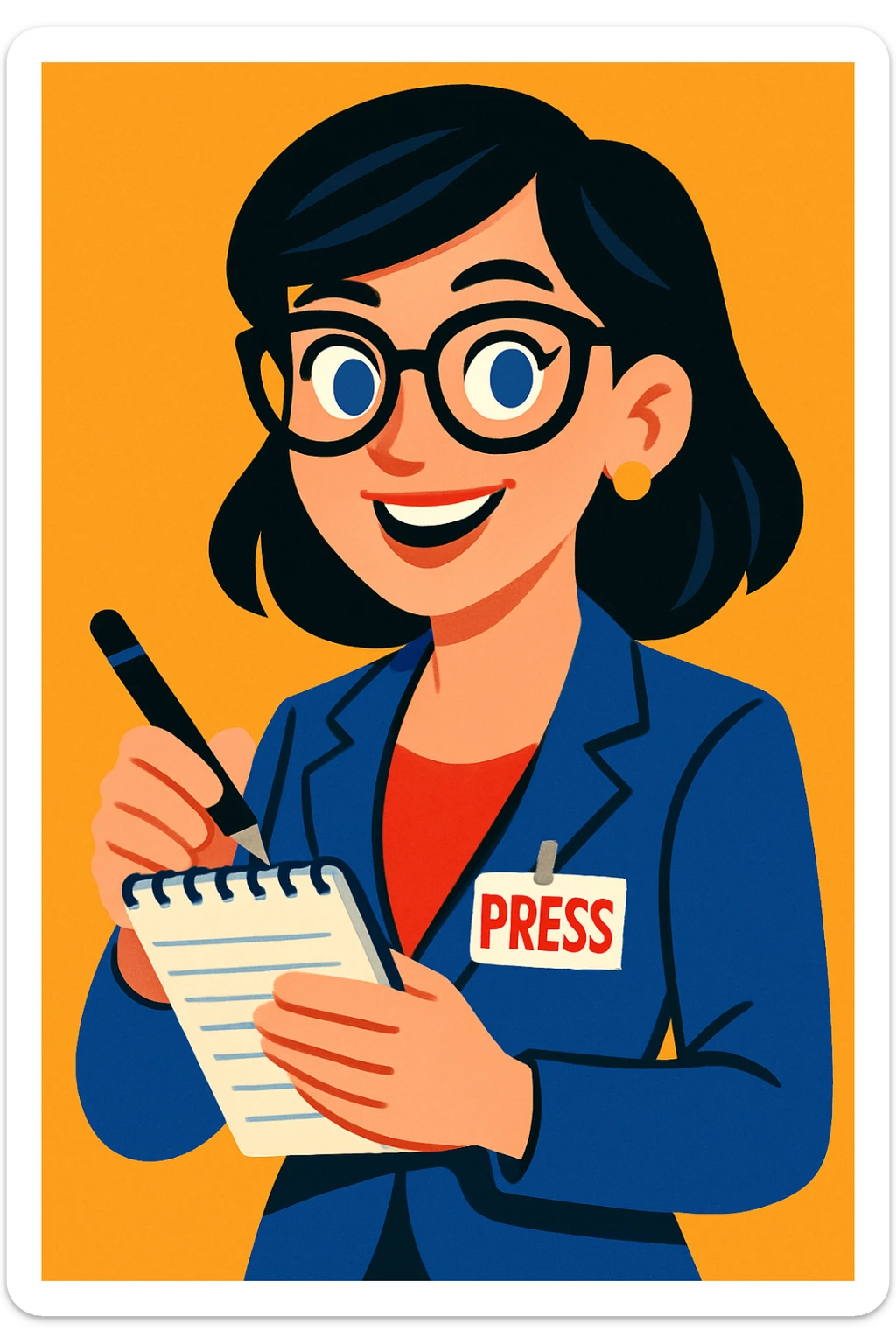professional female journalist with black hair, blue eyes, and glasses, holding a notepad and pen, ready to conduct an interview, vibrant toon style sticker