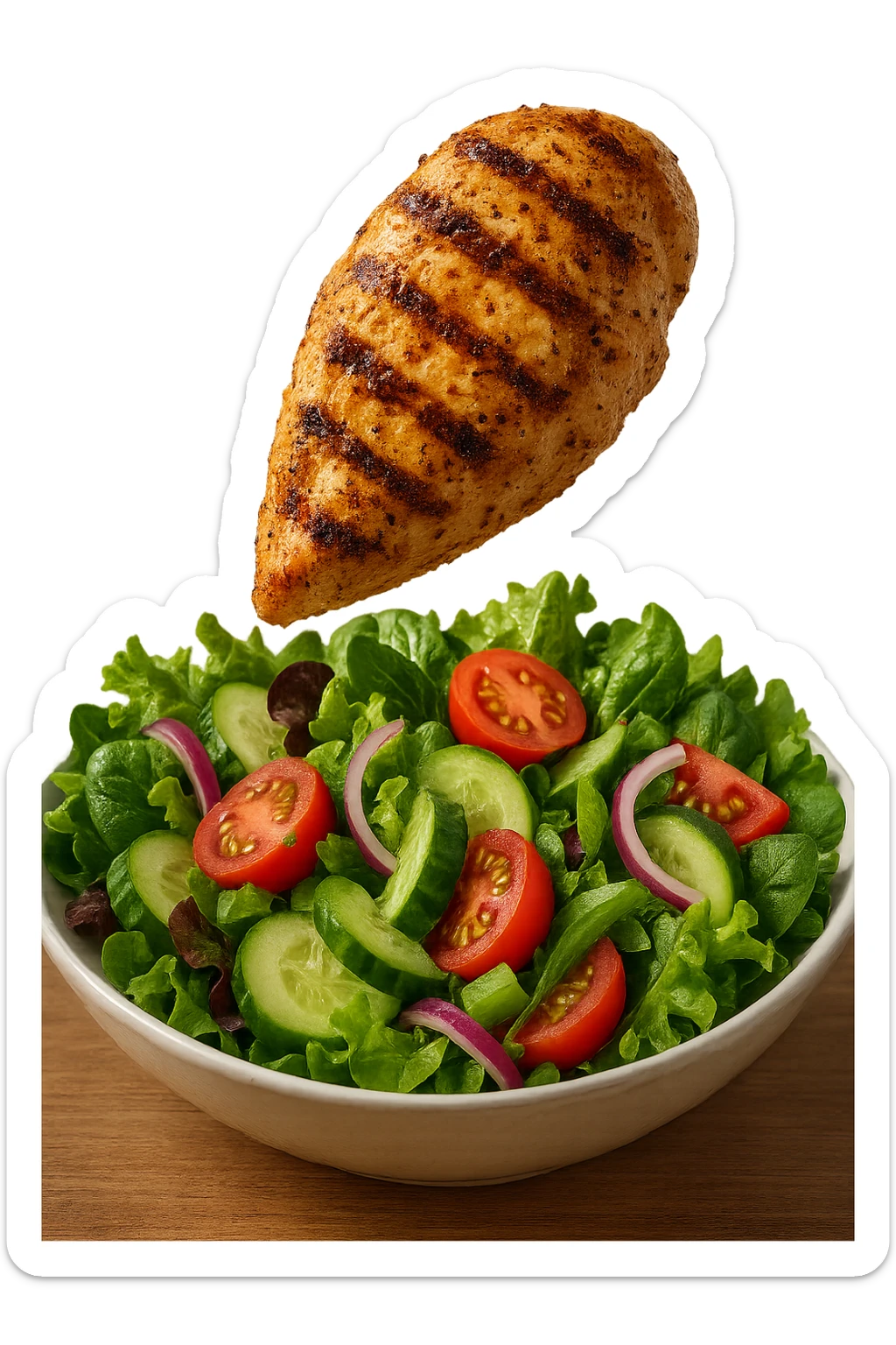 INSALATA CON PETTO DI POLLO GRIGLIATO CHE CADE DALL'ALTO, IPERREALISTICO 4K sticker