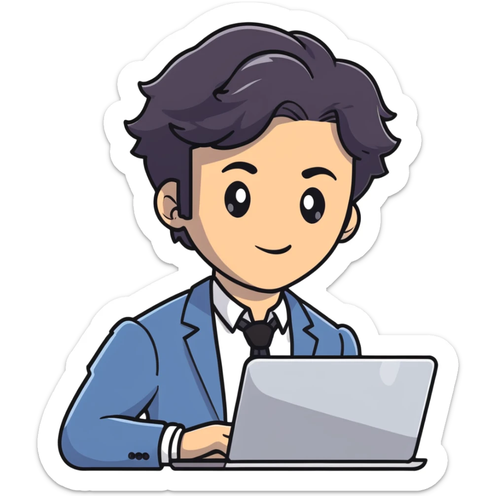 Business strategist man with black wavy hair, stubble, chiseled face, wearing blazer and button-up shirt, holding laptop, confident expression sticker