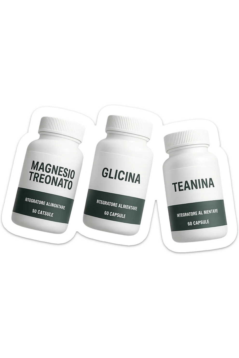 3 boccette di integratori: Magnesio Treonato, glicina, teanina, fluttuano in aria sticker