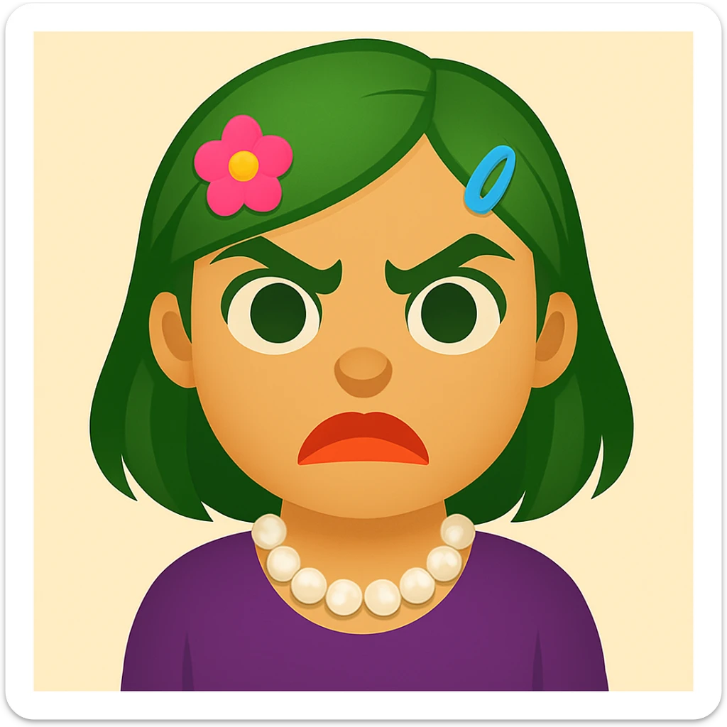 Create an emoji style image of a girl with green hair and an angry expression. She has green eyes, lipstick blended with coral and orange, colorful hair clips, and a pearl necklace. sticker