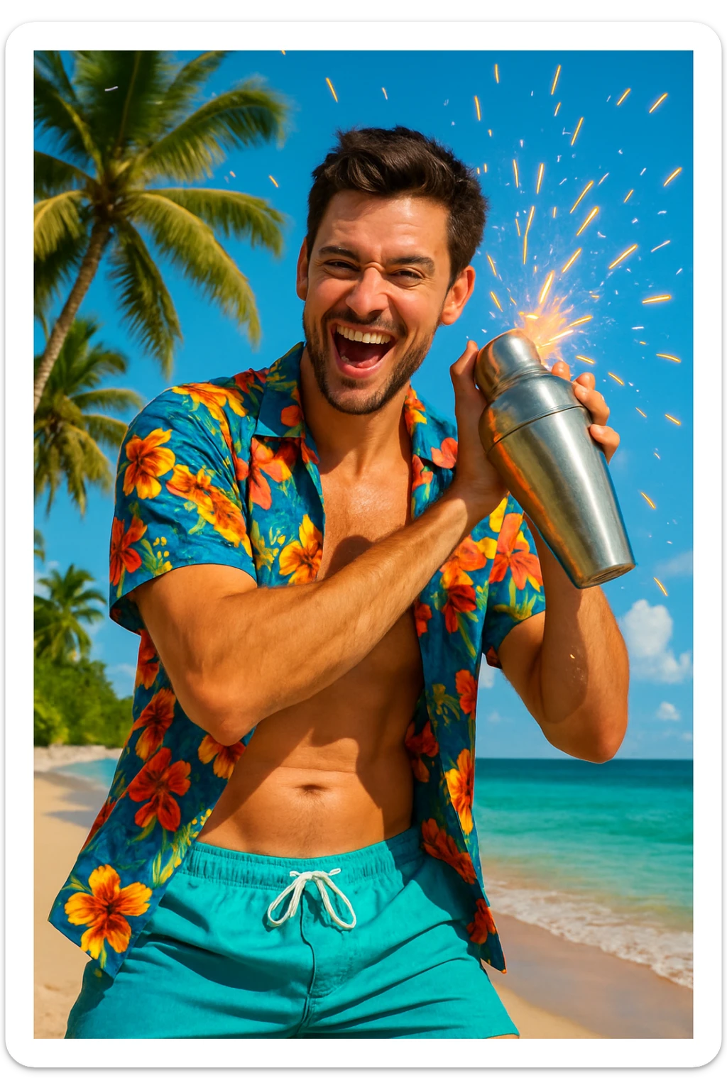 human male Unbuttoned Hawaiian shirt, swim trunks, shaking a cocktail shaker (sparks flying) sticker