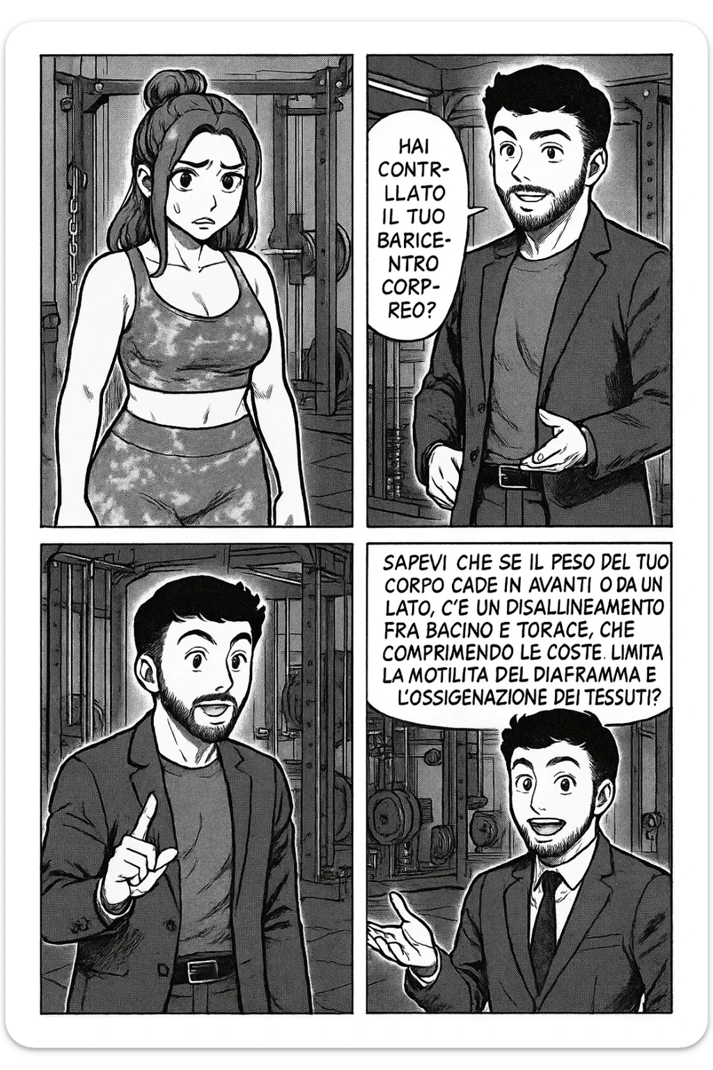 TRASFORMA QUESTO CAROSELLO IN UN FUMETTO STILE MANGA CON QUESTE DUE PERSONE IDENTICHE CHE INTERLOQUISCONO TRA LORO:

LEI: Ho la cellulite anche se mi alleno e mangio bene, cosa posso fare?

LUI: Hai controllato il tuo baricentro corporeo?
LUI: Sapevi che se il peso del tuo corpo cade in avanti o da un lato, c’è un disallineamento fra bacino e torace, che comprimendo le coste, limita la motilità del diaframma e l’ossigenazione dei tessuti?
LUI: Il mio è il primo e unico percorso che lavora sugli inestetismi con un lavoro mirato sul baricentro corporeo. sticker