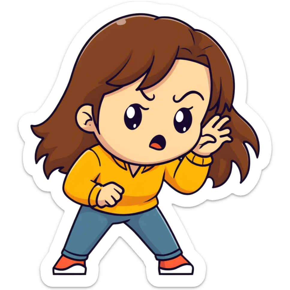 a brown hair girl with long ish hair having both hands around her neck and moving her head forward and back angrily  sticker