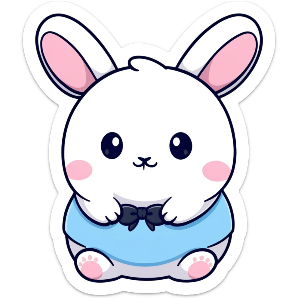 A chubby bunny character in exact Sanrio style like Kuromi and Cinnamoroll, ultra cute, super simplified kawaii design, oversized head on tiny body, rosy cheeks, small dot eyes, simple bow, pastel pink and soft blue colors, pure white face, thick black outline sticker