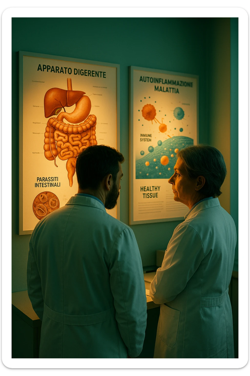 In italiano Realistic, detailed photo taken from behind of two doctors—a bearded man and a middle-aged woman—standing side by side in a modern medical office, intently studying a large, illuminated medical chart on the wall. The chart displays a detailed diagram of the human digestive system, highlighting the intestines and showing microscopic images of intestinal parasites. Next to it, another chart illustrates the immune system attacking healthy tissues, visually connecting gut parasites to autoimmune disease mechanisms. The room is bathed in a single green-blue color, with a warm, yellow-orange light casting soft shadows around the doctors. Both wear white coats and have serious, focused expressions, suggesting a deep discussion about the root causes of autoimmune conditions. Shot with a Canon EOS R5, with high detail, natural depth of field, and a clinical yet dramatic atmosphere. sticker
