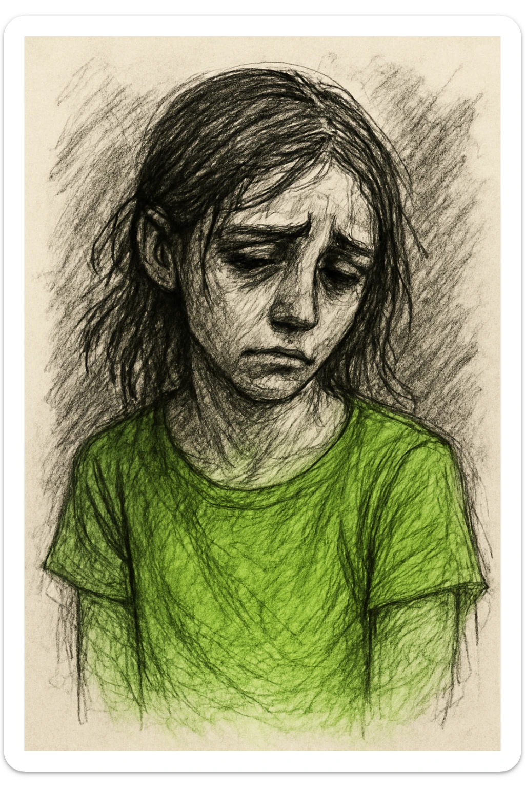 Sad girl wearing a bright green parrot green t-shirt, in pencil sketch style, with an opaque background. Use verbose prompts for detailed pencil sketch style. sticker