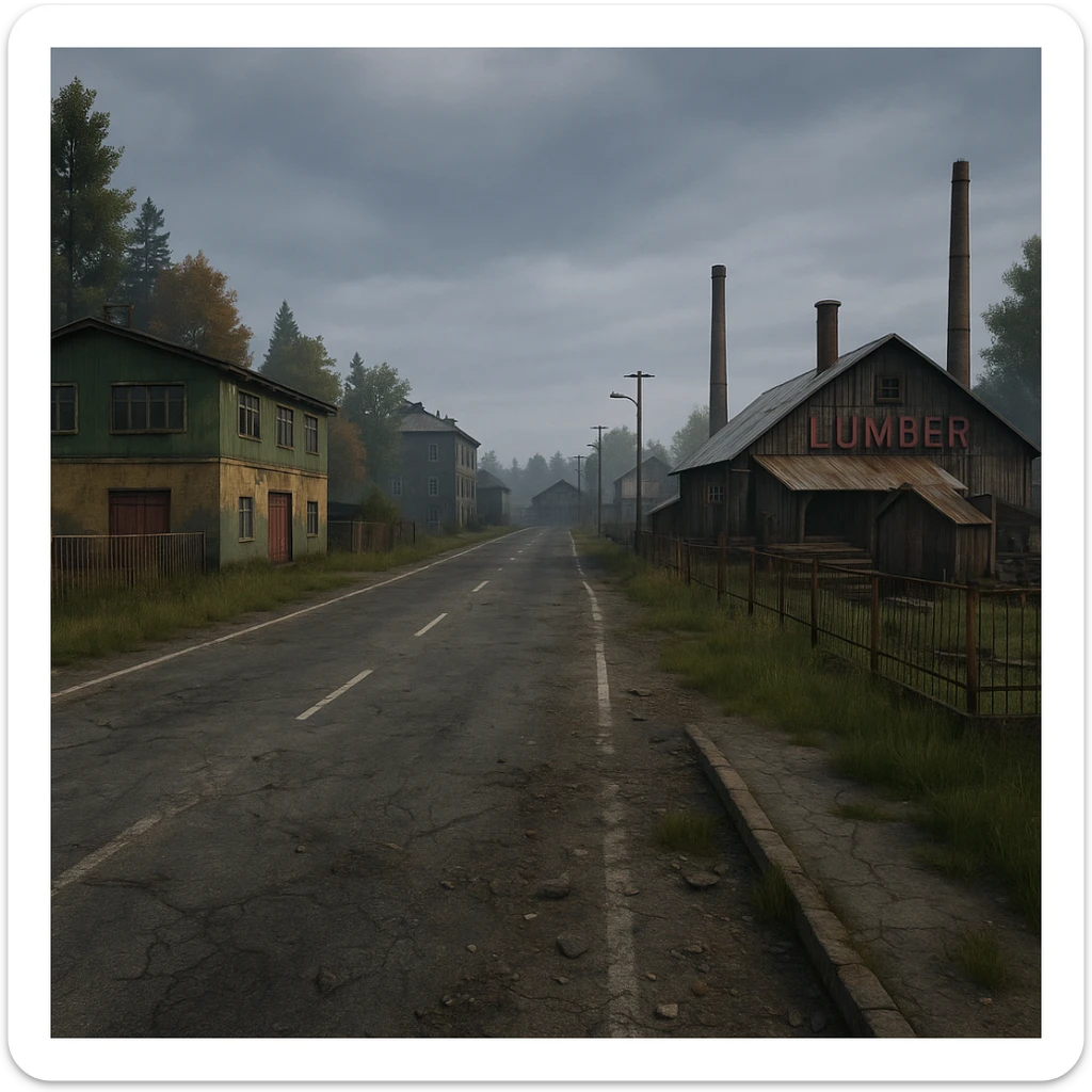 a view of the city street in a videogame: DayZ - in the town of berezio "lumber" [no text contained in the image] sticker