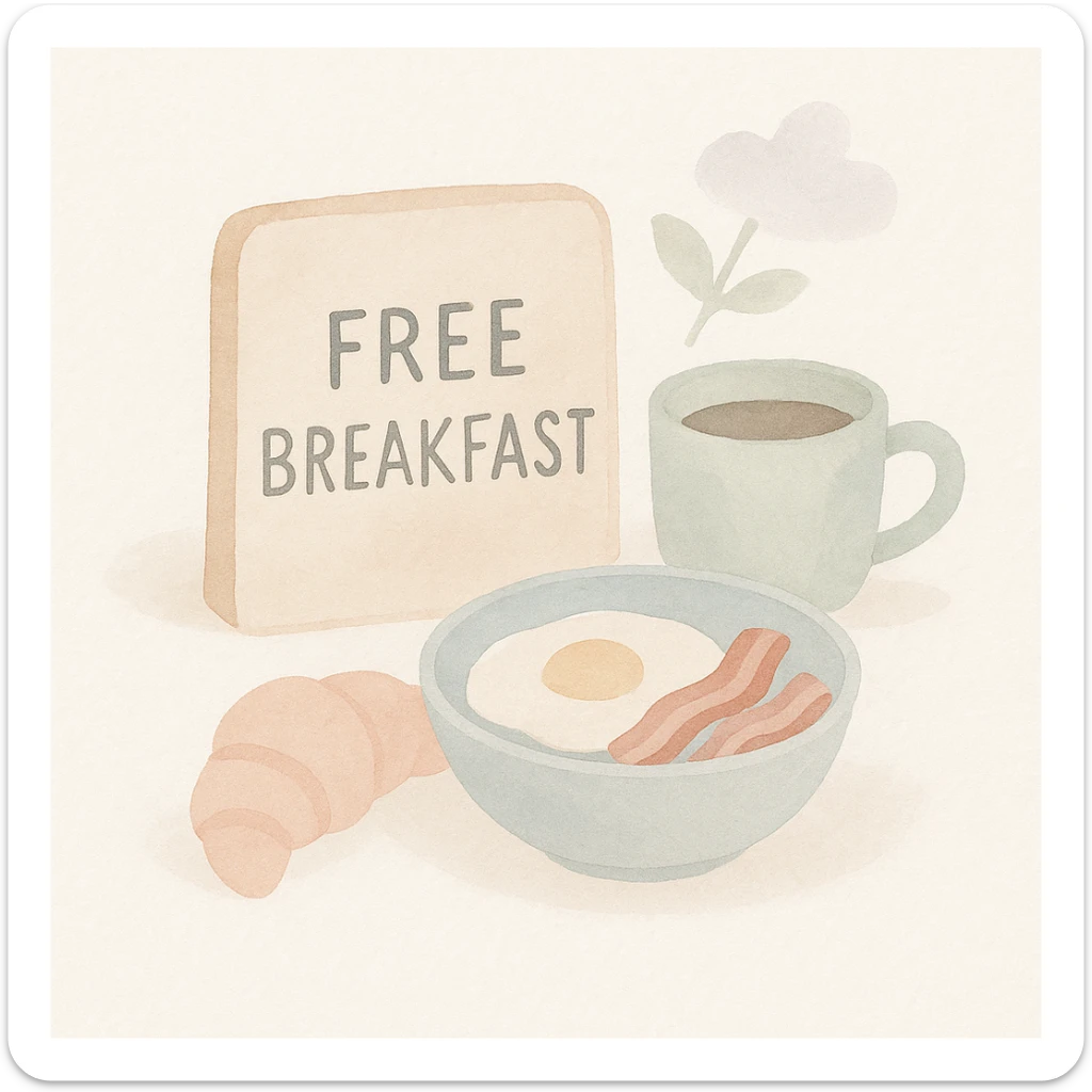 soft watercolor illustration in a minimalist modern style, pastel colors, delicate linework, gentle whimsical mood, minimal soft shading, 'Free Breakfast' sign sticker