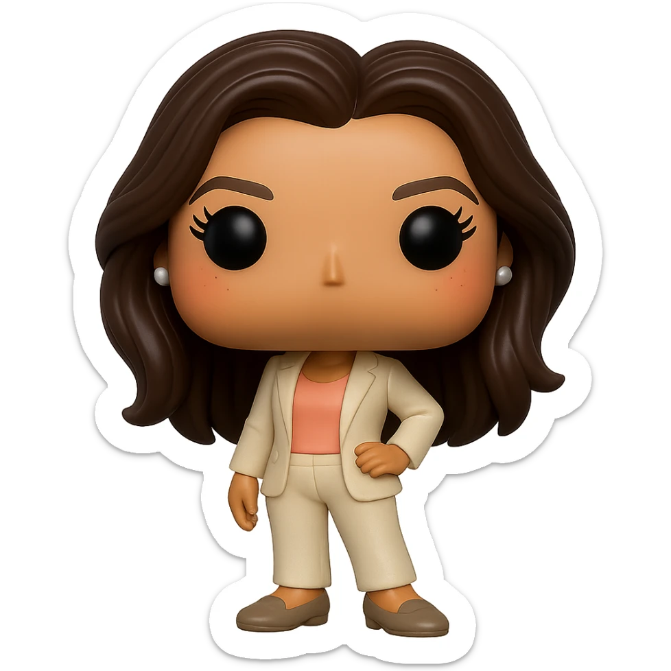 Edit the image to depict Eva Longoria in Funko Pop style vinyl figure with superior quality, luminous smooth tanned skin, detailed dark hair, textured cream blazer, peach top, cream bottoms, small pearly earrings, greige leather loafers clearly visible, cool pose, rosy cheeks, discreet freckles on the cheeks, eyelashes, mischievous and cheerful expression, no mouth, transparent background. sticker