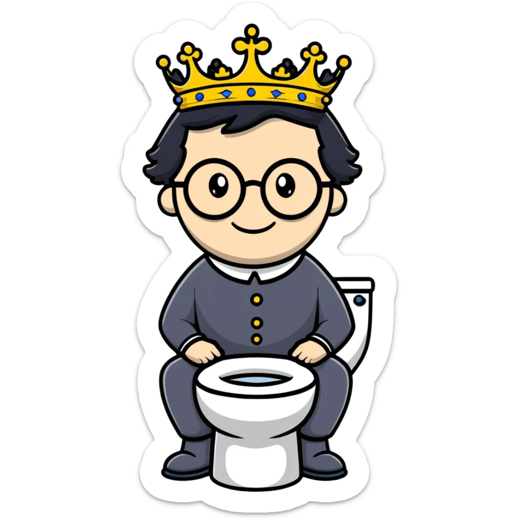 King Charles III with crown sitting on a toilet, wearing round glasses and black hair sticker
