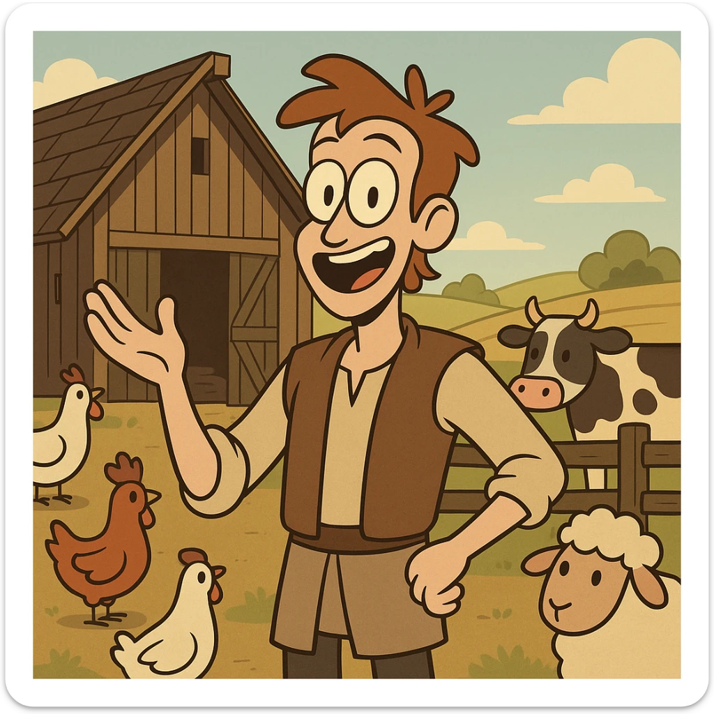medieval farm cartoon style, wooden barn, farm animals, field scenery, cheerful atmosphere sticker