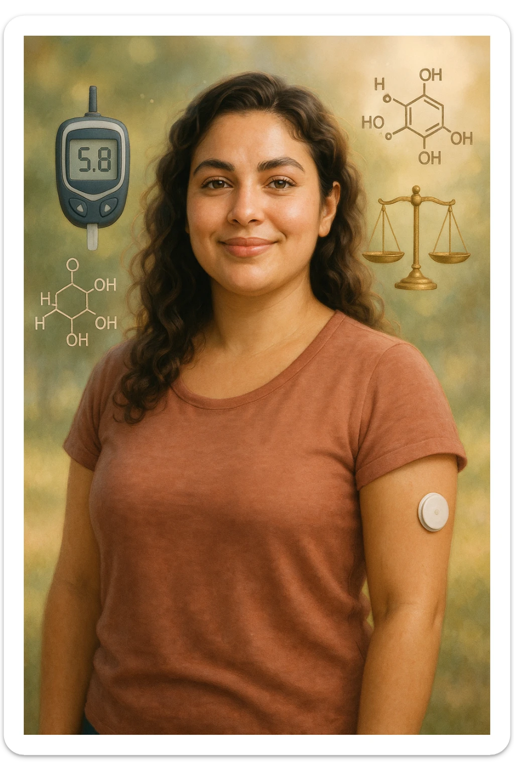 realistic cinematic illustration of a woman with PCOS showing signs of well-being and stable blood sugar thanks to healthy eating, symbols of blood sugar balance, positive atmosphere, vertical 2:3 aspect ratio, very few text sticker