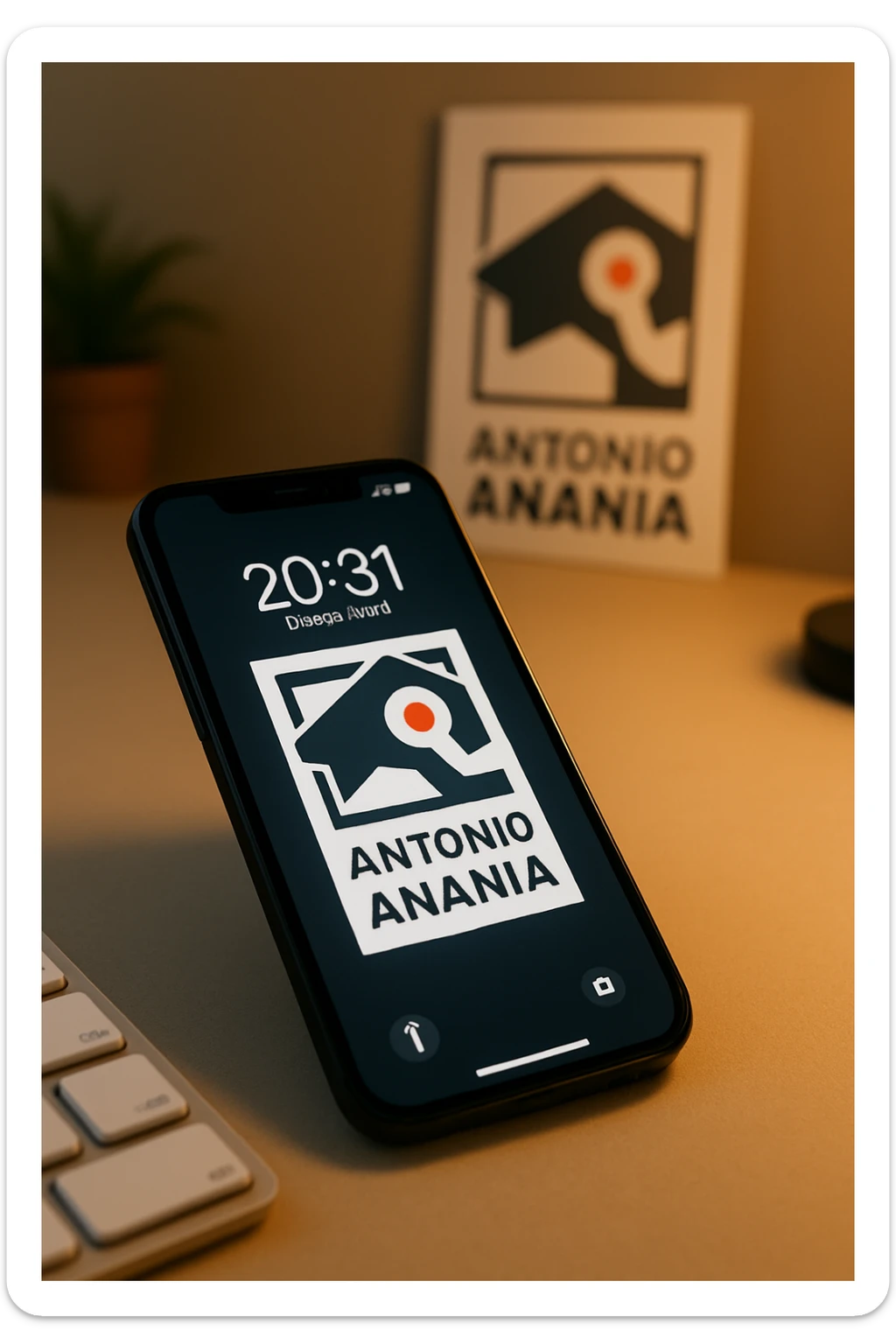 A photo of an iPhone with the message "Antonio Anania" on its screen, The phone sits atop a desk with a blurred background that suggests work environment. A faint glow from above casts gentle shadows across the surface of each object, creating depth and highlighting their textures sticker