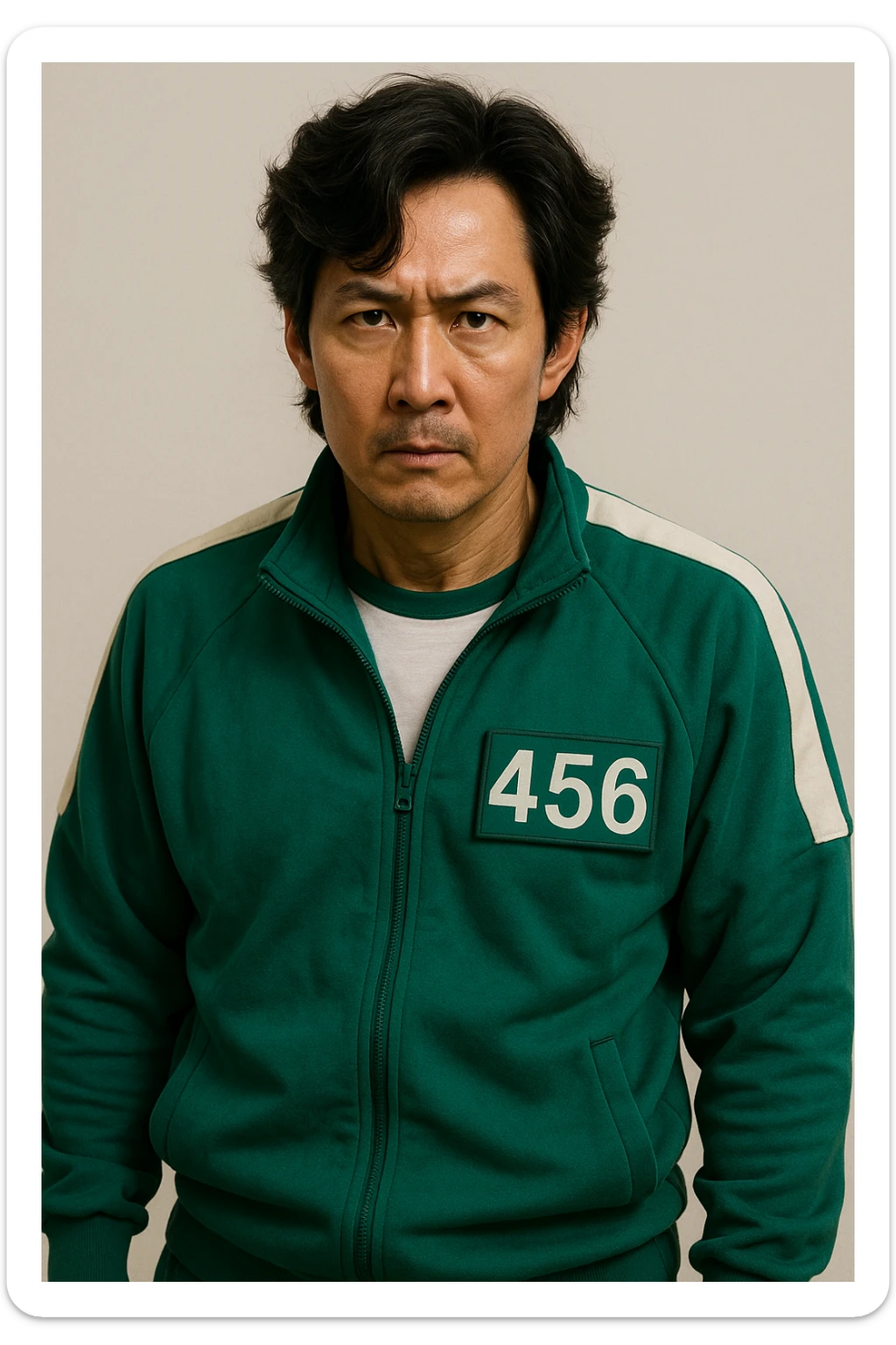 Seong Gi-hun as Player 456 from Squid Game 3, wearing the iconic green tracksuit, looking determined, plain background sticker