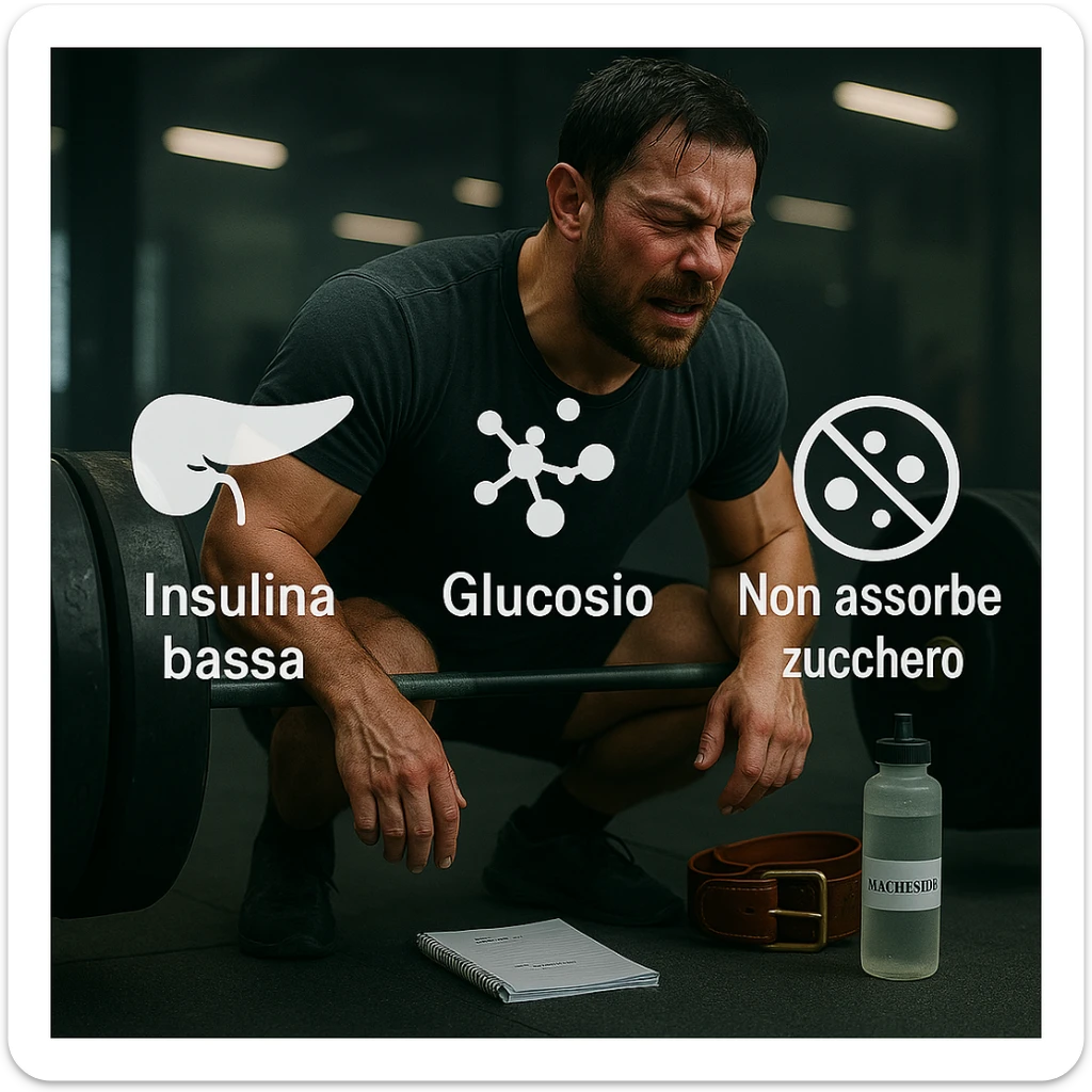 Add clear and legible Italian text to the icons in a realistic and symbolic-medical style: label the pancreas with 'Insulina bassa', the molecules with 'Glucosio', and the cells with 'Non assorbe zucchero'. Maintain the realistic and symbolic-medical style with clear and readable text. sticker