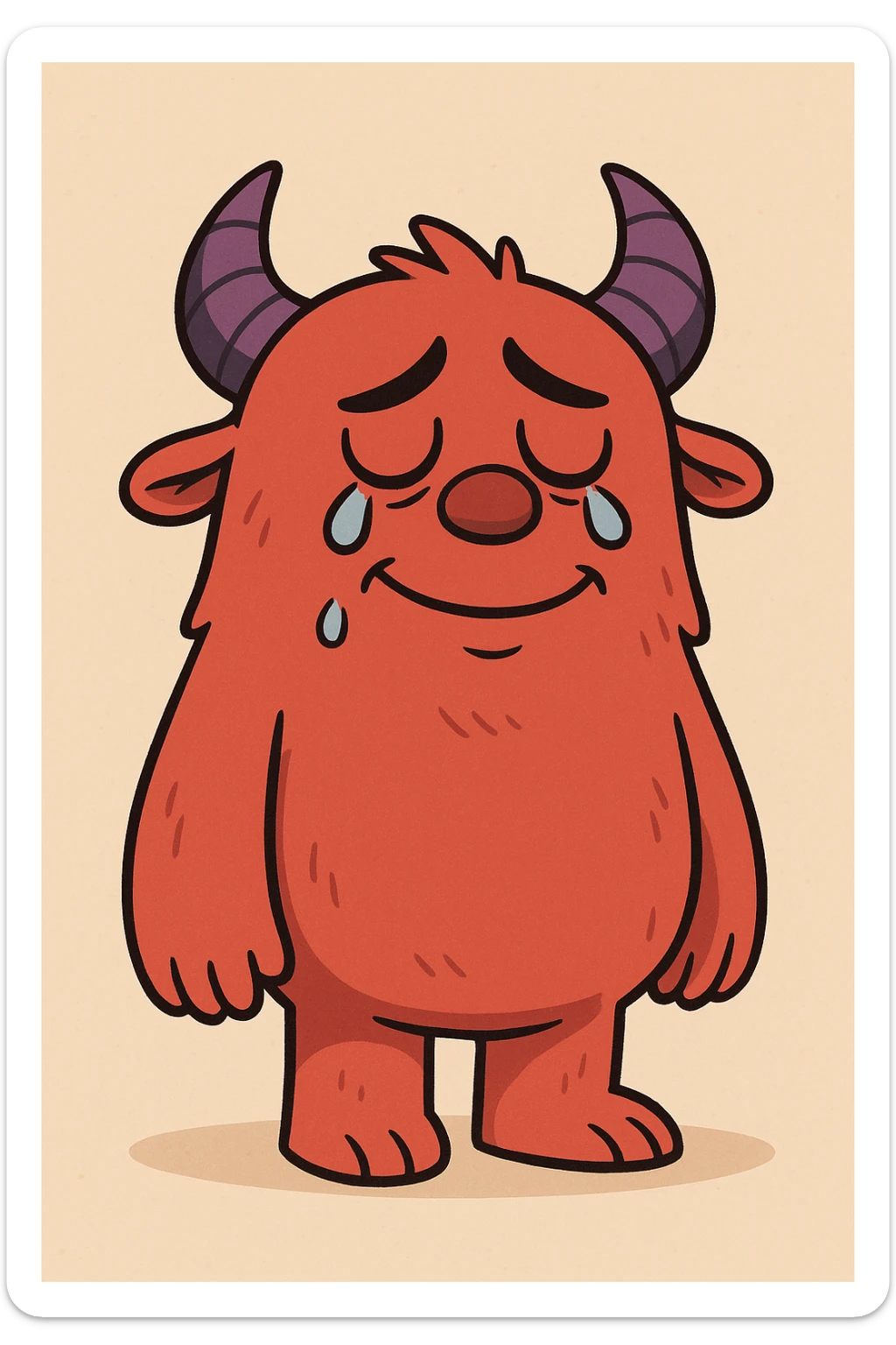 a sad but happy red monster with purple horns, cute cartoon style, flat toon illustration sticker