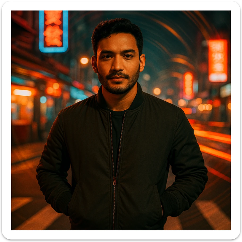 Create a cinematic urban portrait of a Southeast Asian man in his early 30s with medium tan skin, standing in a crosswalk at night with neon signs, light trails, and spiral blur. The man has hands in pockets, wears a dark bomber jacket, has a confident expression, soft flash, rich warm colors, 35mm film style. Use the reference image for face. sticker