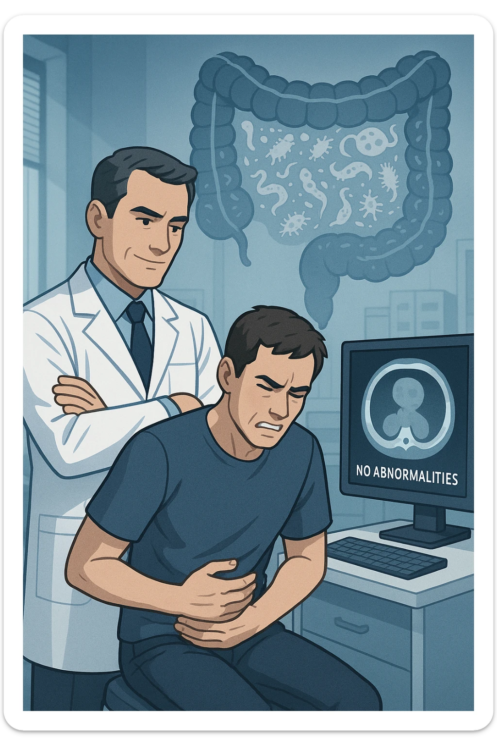Medico in camice bianco in uno studio moderno, mentre osserva una TAC o ecografia su uno schermo con espressione convinta. Accanto a lui, un paziente seduto che lamenta dolori intestinali. Sullo sfondo, un’immagine traslucida dell’intestino pieno di piccoli parassiti stilizzati (vermi, protozoi), non visibili nel monitor medico. Il monitor mostra 'nessuna anomalia', ma dietro c’è la realtà invisibile. Atmosfera clinica ma con contrasto simbolico tra 'ciò che si vede' e 'ciò che sfugge'. Colori freddi, luce ospedaliera sticker