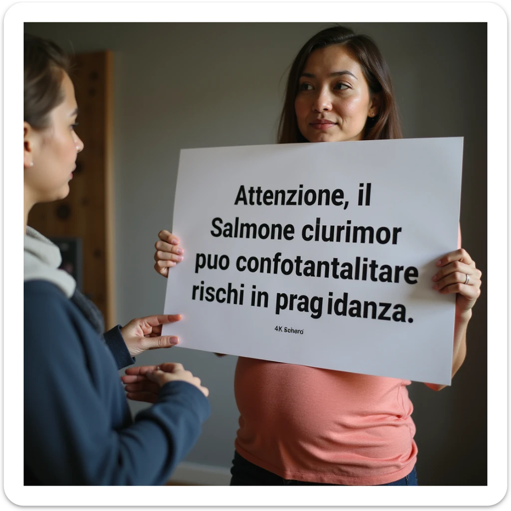realistic pregnant woman in 4K showing a sign to a child and explaining: 'Attenzione, il consumo di salmone crudo puo comportare rischi in gravidanza' sticker