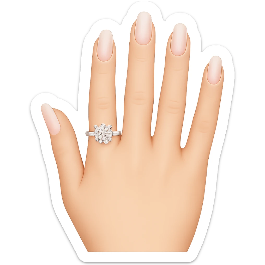 Edit the image to depict a woman's hand with 5 fingers, long light pink nails, and an engagement ring, in an emoji style with a transparent background. sticker