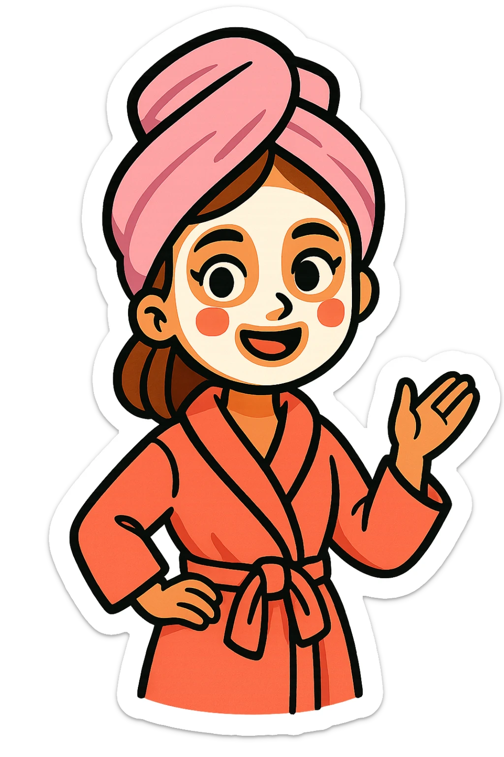 a girl with brown hair, wearing a bathrobe and a pastel pink towel turban, with a white facial mask, vibrant cartoon style sticker