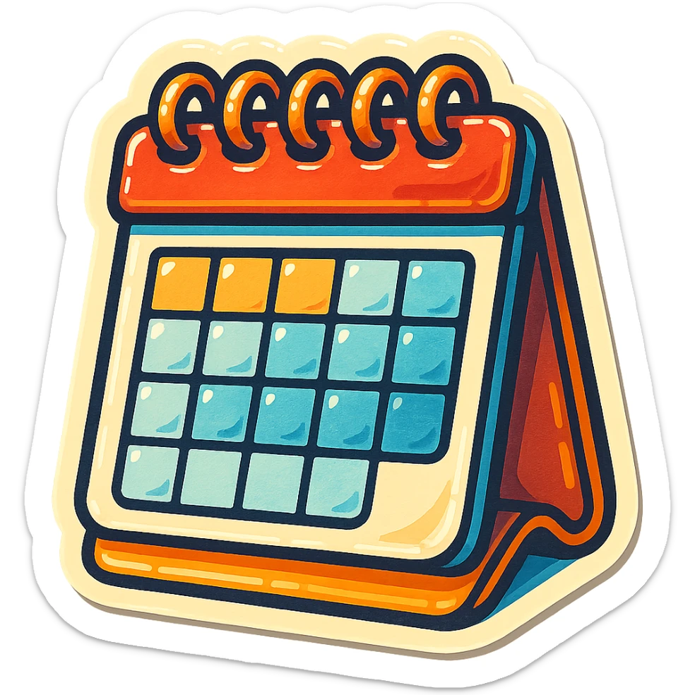 retro sticker-style illustration of a desk calendar with a spiral top, bold outlines, juicy colors, expressive shadows and highlights, playful and glossy look sticker