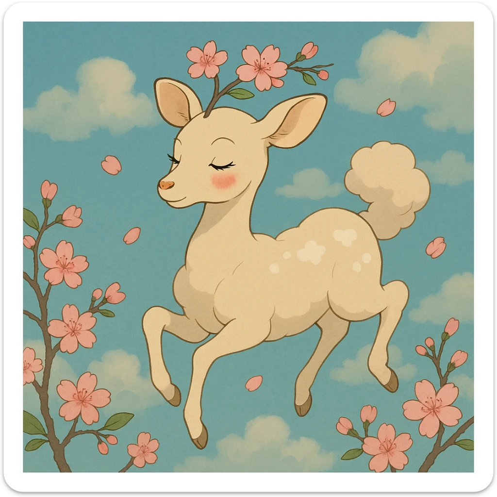 feminine adult vanilla cloud doe with rosy cheeks and cherry flowers, floating gracefully, Ghibli style sticker