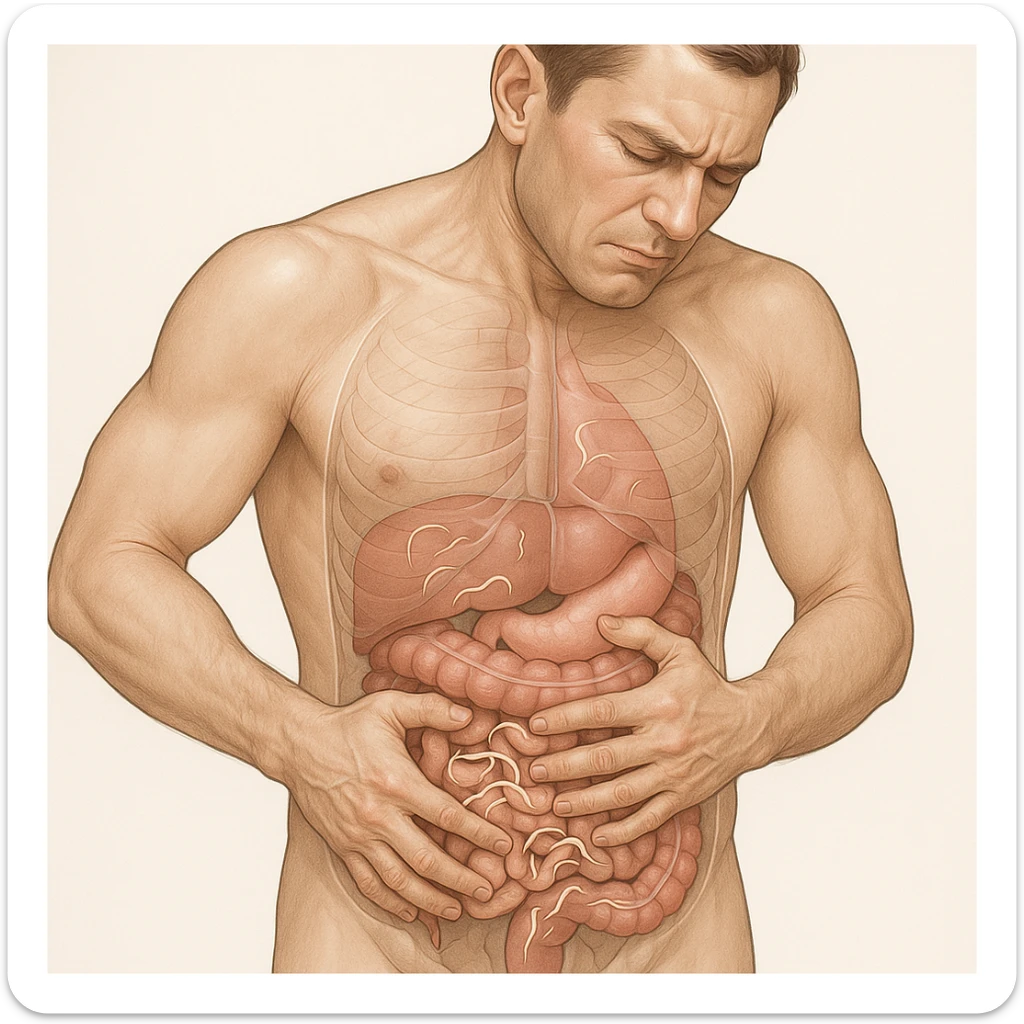 realistic anatomical man with abdominal pain, transparent intestine showing light beige worms, medical style sticker