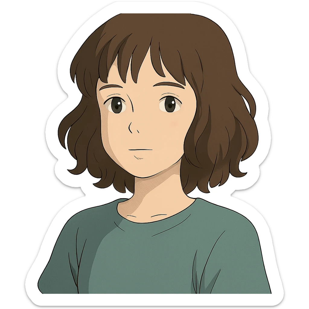 portrait of an Asian girl with medium brown wavy hair and brown eyes, paler skin tone, ghibli style sticker