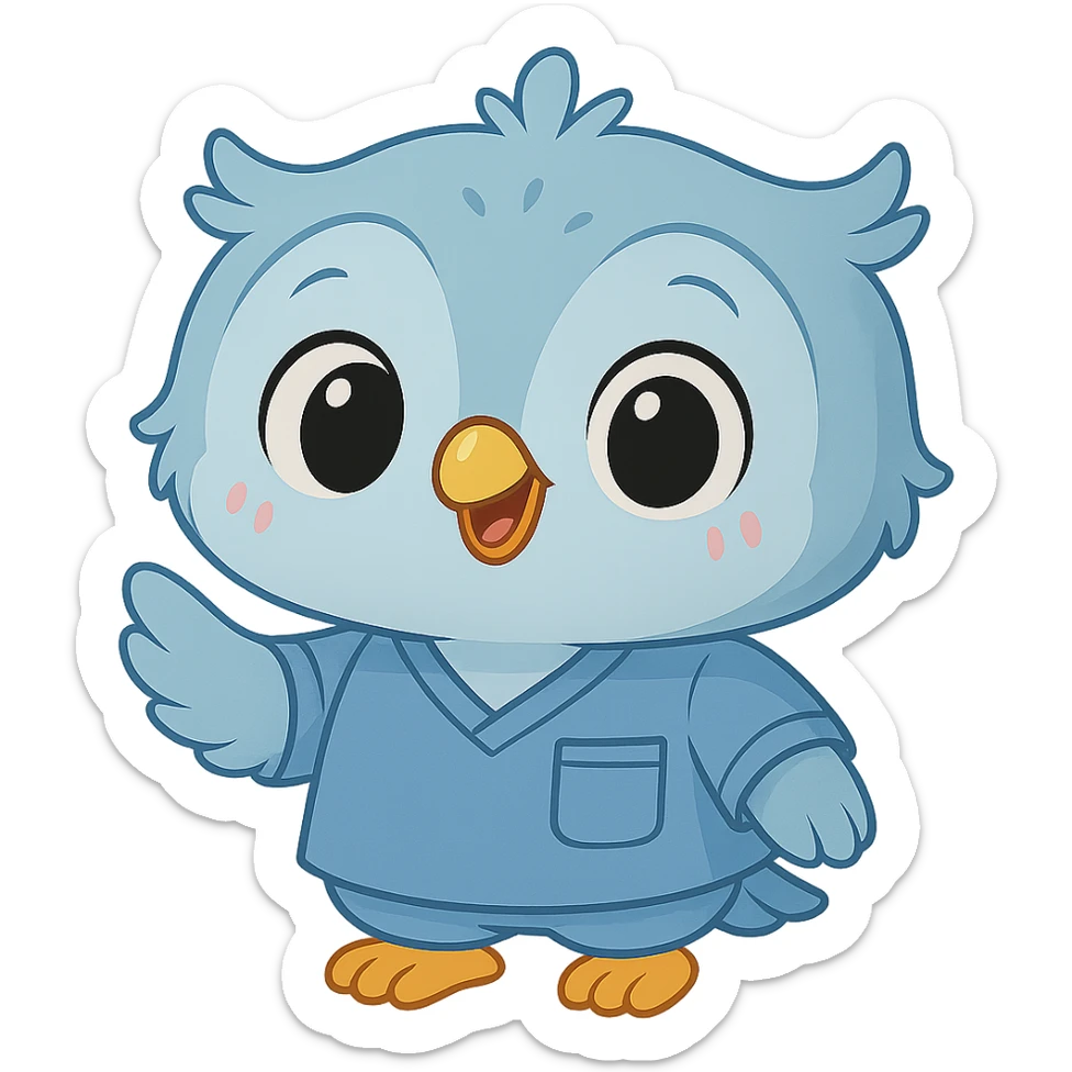 Make the baby owl wearing a bluish psychology scrub look more commercial and attractive to attract clients: add a big smile, bright and expressive eyes, friendly posture, and welcoming gesture, in an adorable and cute style. sticker