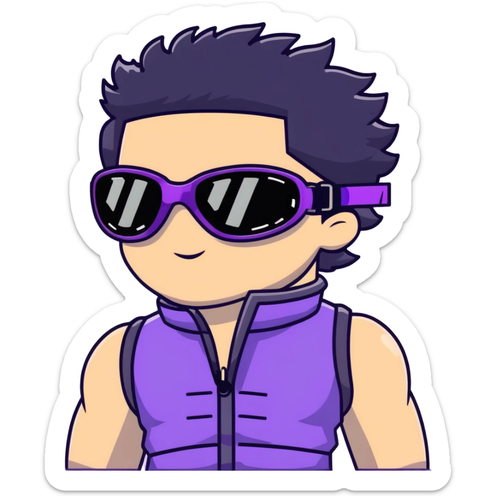 male athlete with white skin and moderately curly black hair on top with shaved sides, wearing ski goggles with purple frames and very dark black lenses, a simple plain black chain necklace, and a completely unzipped sleeveless vest with purple and black sequin fire pattern design with no logo or brand emblem, fully revealing his chest, shoulders and arms, no earrings sticker