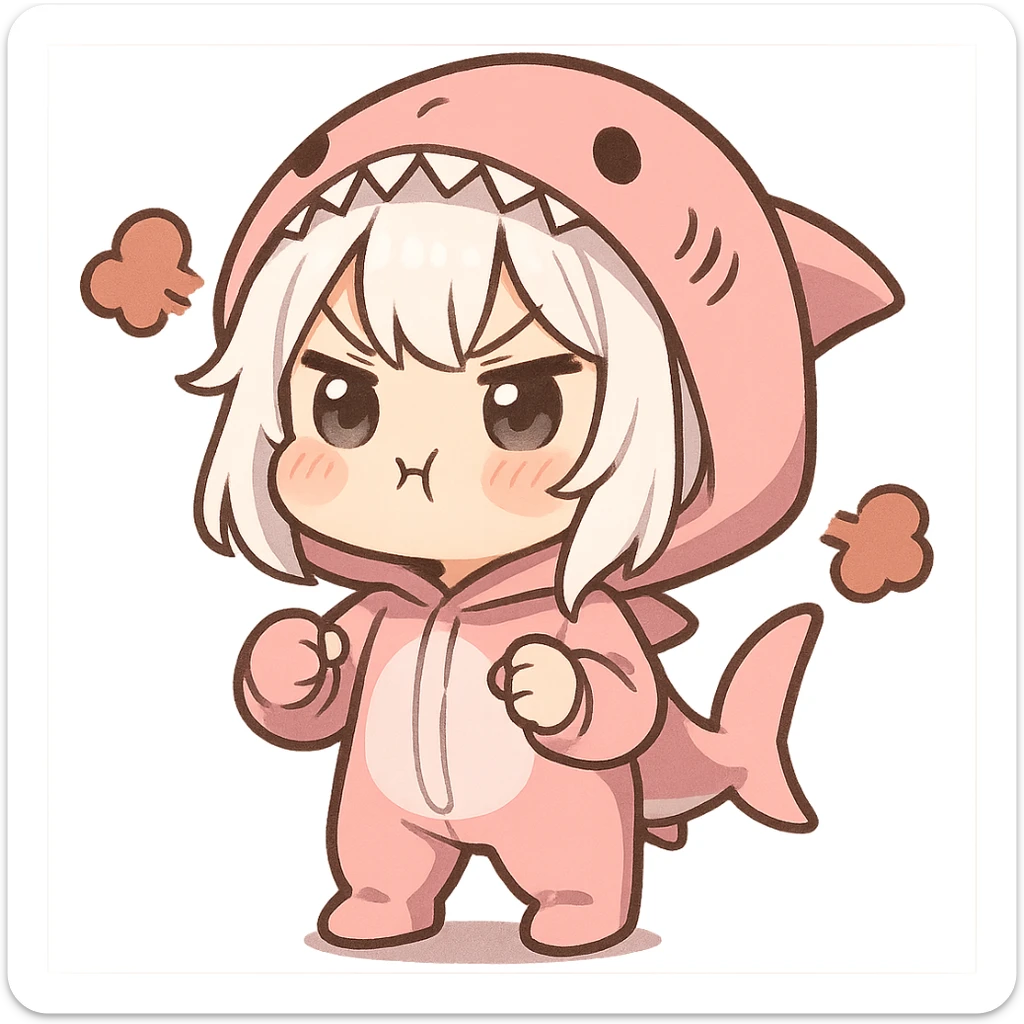 adorable white-haired girl in a pink shark onesie, cheeks puffed in cute anger, chibi style sticker