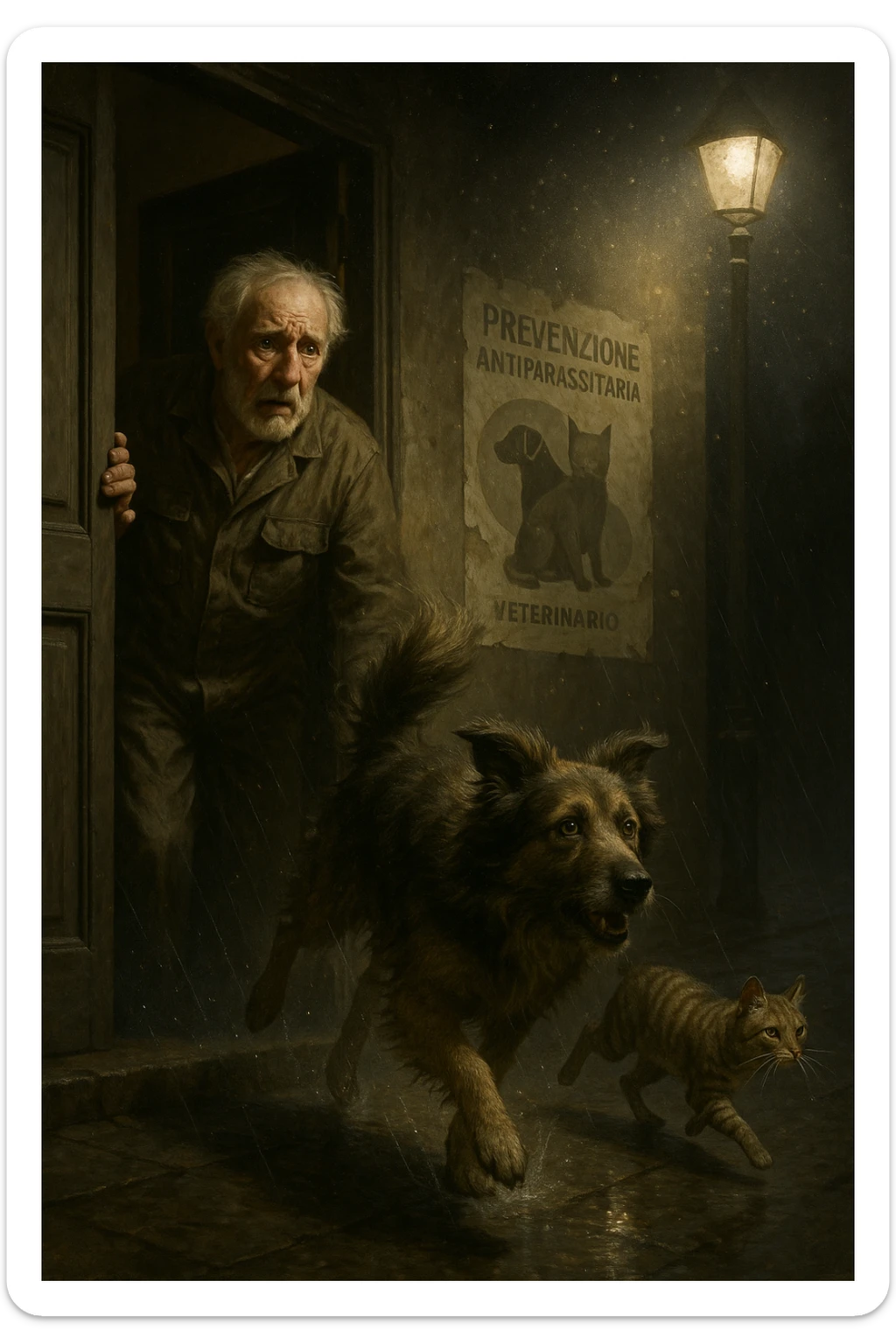 Un uomo anziano in tuta da lavoro, con espressione angosciata, tiene aperta la porta di casa mentre il suo cane (un meticcio a pelo lungo) e il gatto (soriano) scappano nella strada buia sotto la pioggia. Particelle di polvere/pulci fluttuano nell'aria illuminata dal lampione. Sullo sfondo, un poster strappato del veterinario con scritto 'Prevenzione antiparassitaria'. Stile fotorealistico, illuminazione Caravaggesca, toni grigi e ocra. in italiano sticker