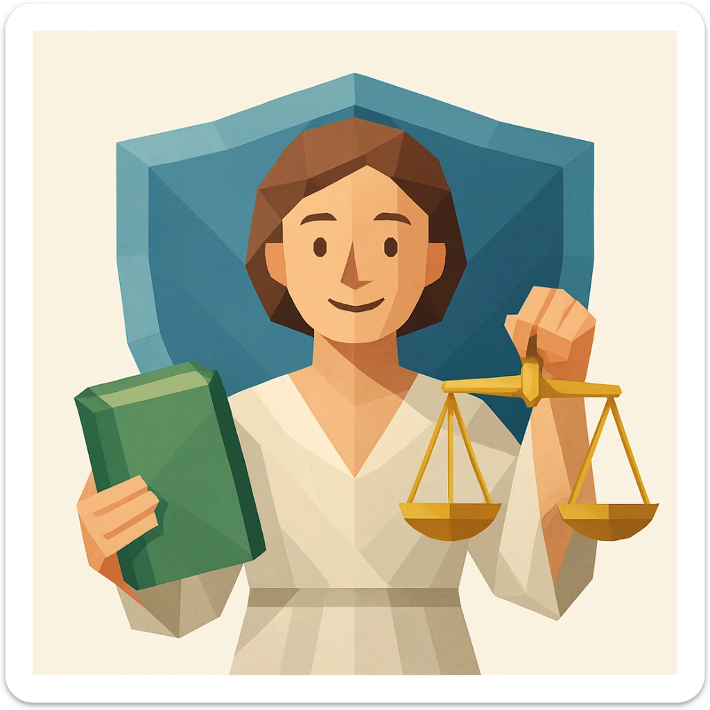 character with happy or neutral facial expression holding a green book in one hand and a gold justice scale in the other, shield in the background, clean modern illustration style sticker