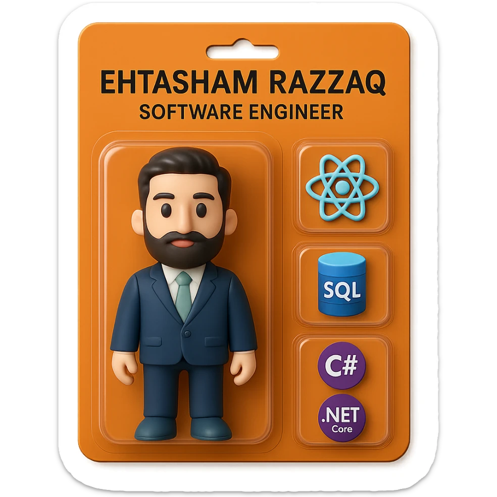 Create a realistic collectible action figure toy of the person in the photo, packaged in a strong orange carded blister box. The figure is inside its own blister. Next to the figure, include four separate equipment items, each in its own individual blister: 1) a React logo, 2) a SQL logo, 3) a C# logo, 4) a .NET Core logo. Do not repeat any equipment. On top of the box, write 'Ehtasham Razzaq' and underneath it, 'Software Engineer'. All items must be inside blisters. Visualize this in a realistic, collectible action figure style. sticker