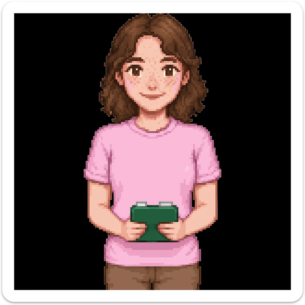 Add brown eyes and freckles on the cheeks to the pixel art teacher with brown hair, white skin, and pink t-shirt. Keep the original pixel art style. sticker