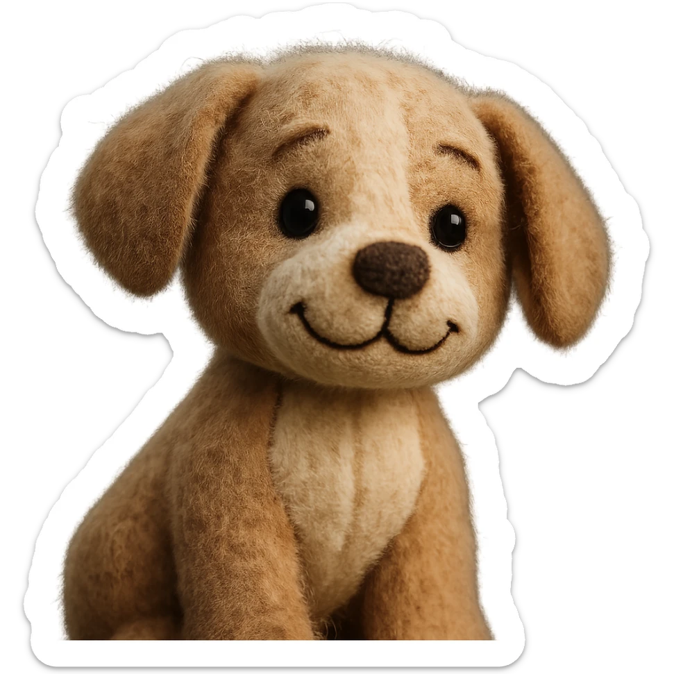 a puppy plush portrait, floppy ears, playful smile, fuzzy texture, light brown and cream sticker