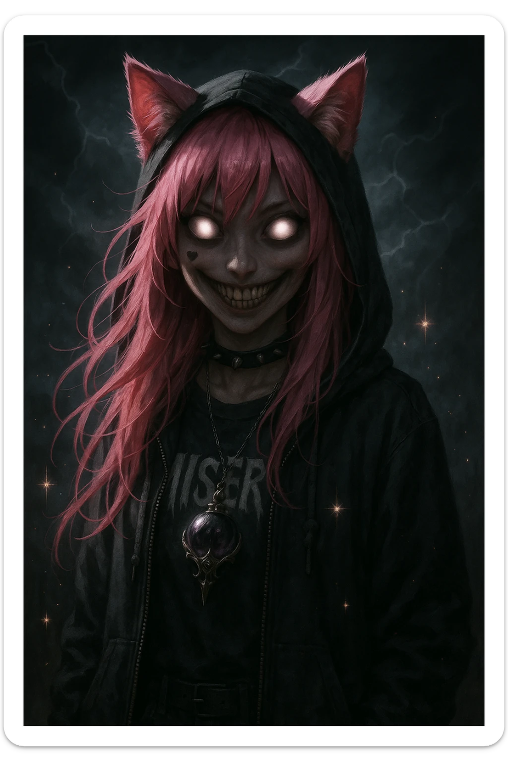 realistic anime catgirl with pink hair, emo streetwear, heart tattoo under left eye, dark magical accessory, sparkles, stormy background, supernatural scary face with glowing eyes and eerie smile sticker